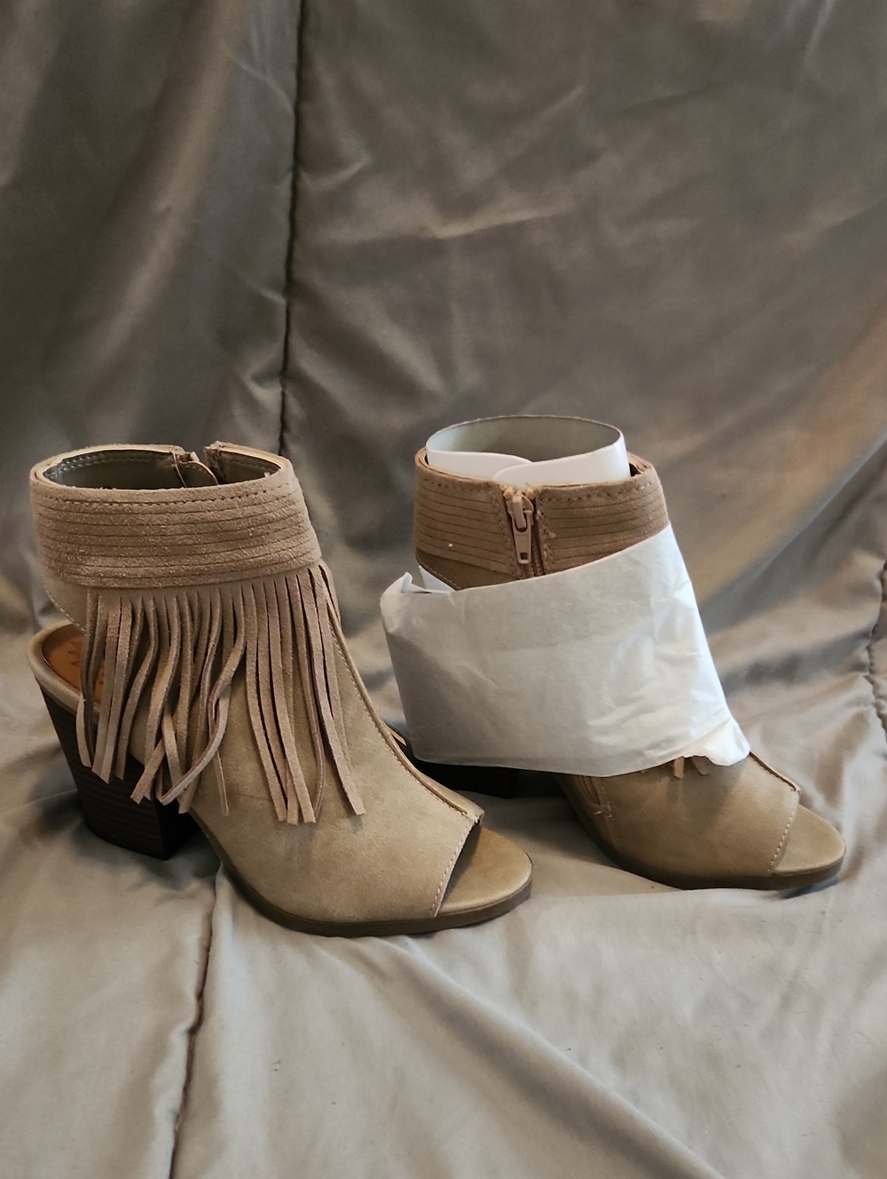 Sugar Taupe Fringe Peep-Toe Block Heel Ankle Boots